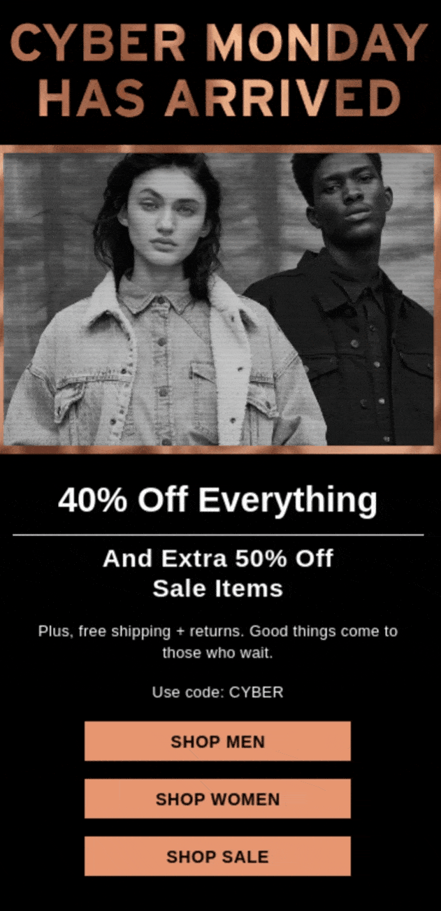 Cyber Monday announcement email by Levi's with free shipping and returns offer