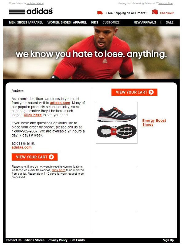 a cart abandonment email by adidas