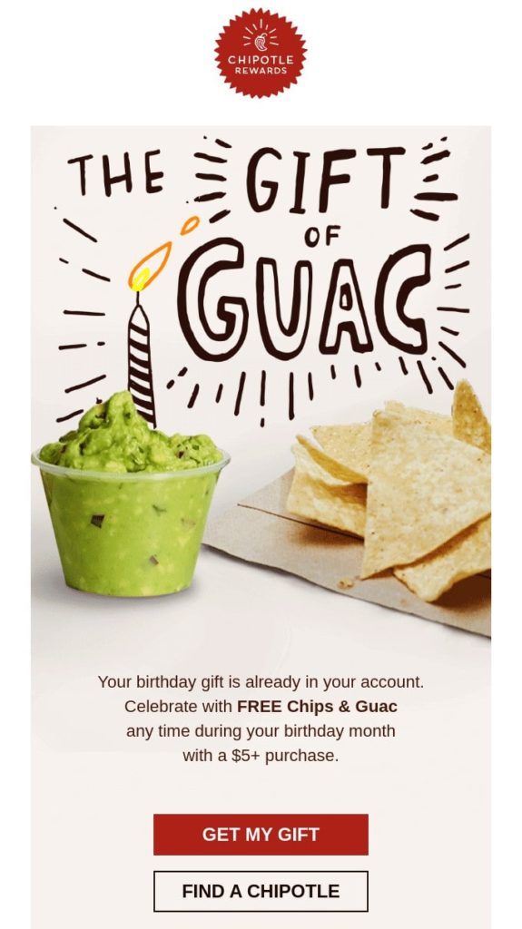 Example of a birthday email campaign by the restaurant Chipotle