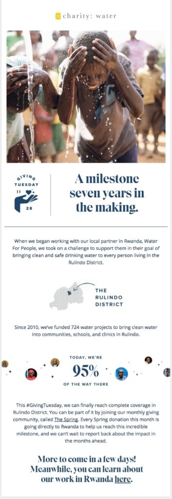 Giving Tuesday email announcement by charity: water 