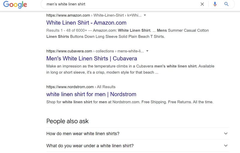 Example of ecommerce seo showing the google results page for a search of "white linen shirt".