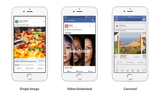 Examples of three types of facebook ads, including single image, video/animated, and carousel.