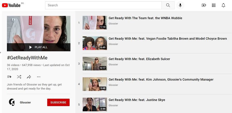 Screenshot of Youtube page featuring Glossier's #GetReadyWithMe influencer collaboration as an example of ecommerce marketing.