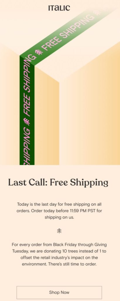 Black Friday campaign by Italic promoting their environmental actions and free shipping
