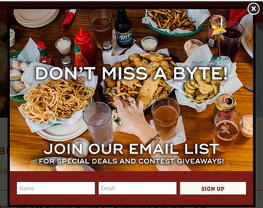 Example of a website popup to promote email signups by the restaurant Mahony's