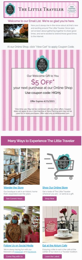 Newsletter subscription welcome email example by B2C retailer The Little Traveler