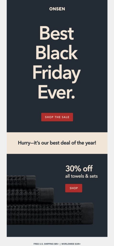 Black Friday sale email campaign using urgency bu Onsen