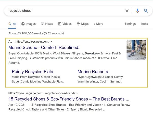 Example of an adwords campaign by Merino Schuhe.
