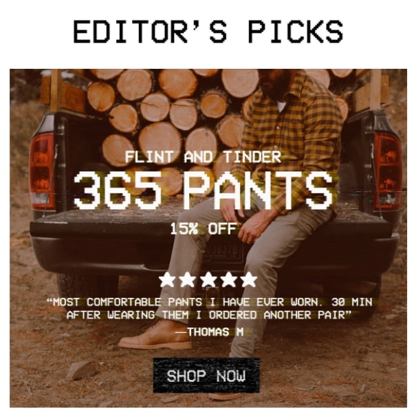 Screenshot from Huckberry's Cyber Monday email showing a 5 star review and customer quote
