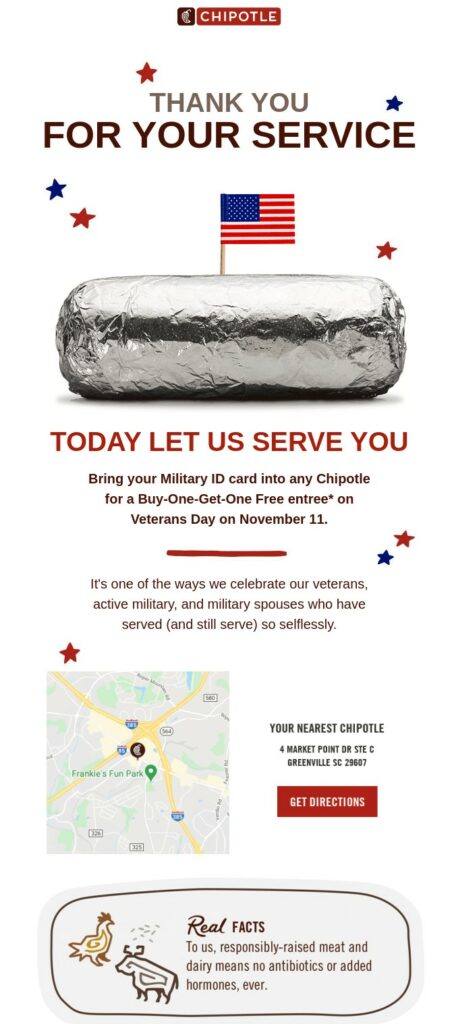 Veteran's Day offer email by Chipotle