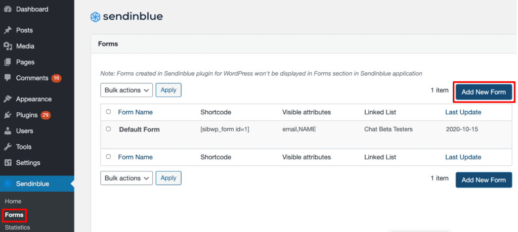 Adding a new email subscription form in the Sendinblue WordPress plugin