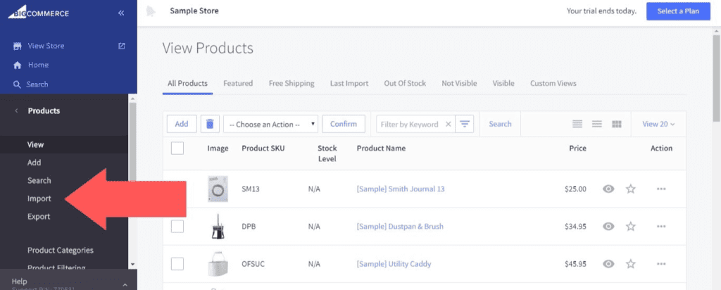 Screenshot of the BigCommerce products tab