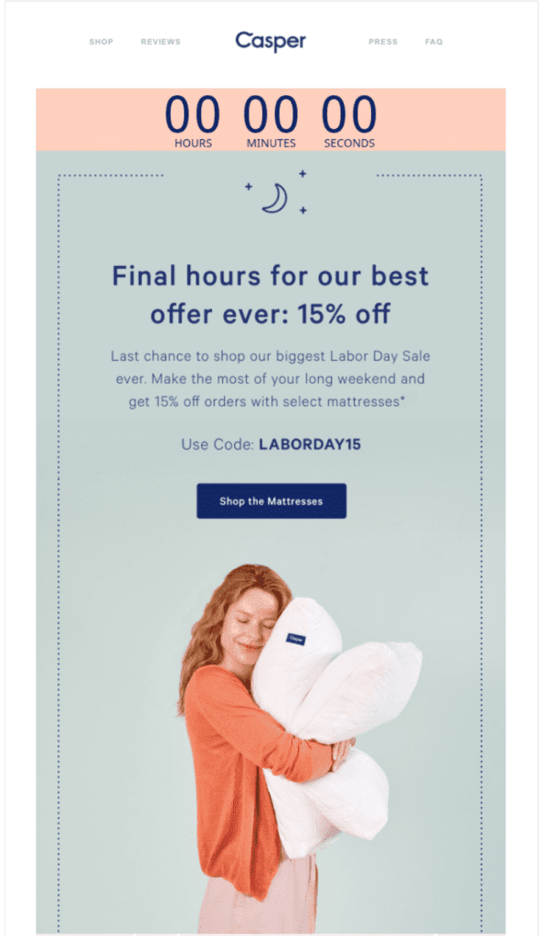 Labor Day sale email example by Casper using countdown timer