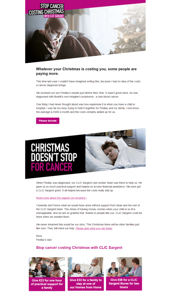 Holiday email fundraising campaign by CLIC Sargent showcasing impact