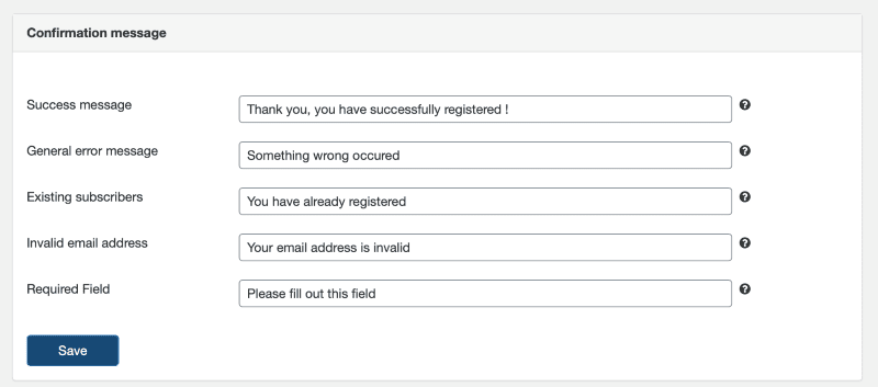 Signup form confirmation message settings