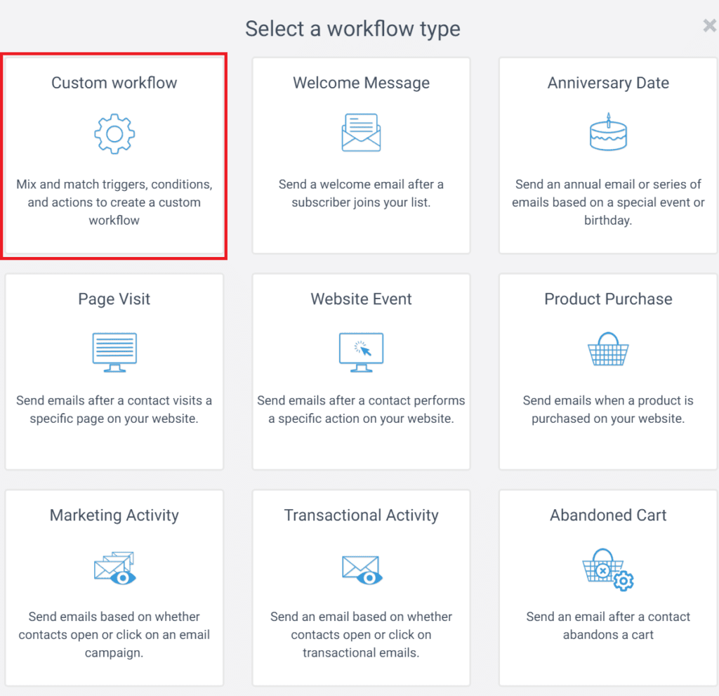 Screenshot of select 'Custom workflow' on Sendinblue