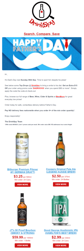 A Happy Father's Day email example from DrinkSpy