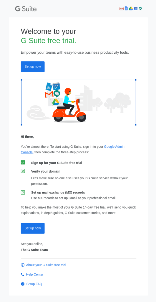 Example of an email from an automated onboarding series for G Suite that guides users through the setup process