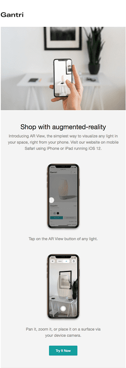 Newsletter by Gantri promoting their augmented reality shopping experience