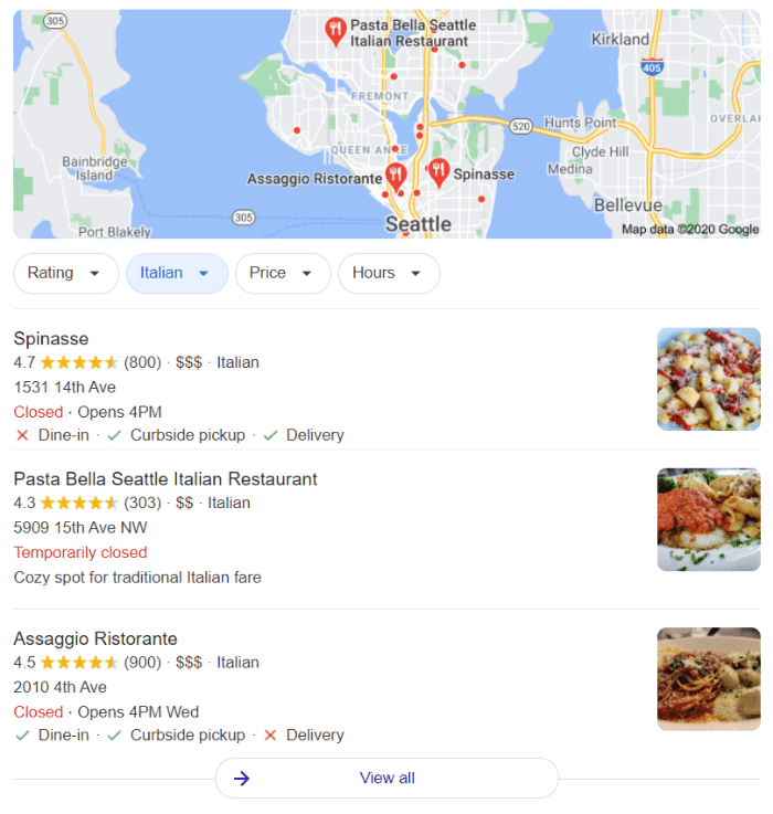Google's local search pack for the query "Italian restaurant Seattle"