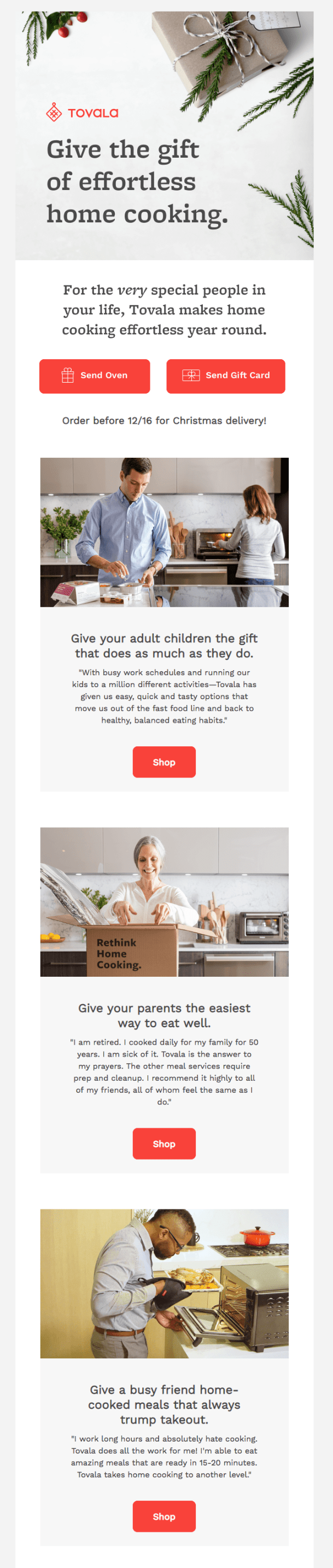 Christmas newsletter example by Tovala with gift advice