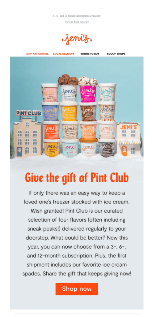 Jeni's Ice Cream email promoting the option to gift a subscription to their pint club.
