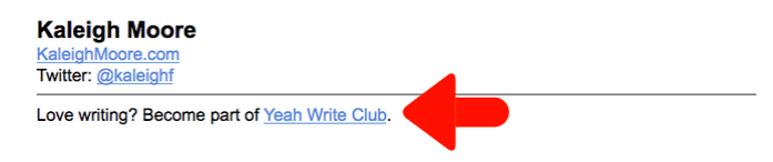 Screenshot of Yeah Write Club's email signature, which includes a link to sign-up form.