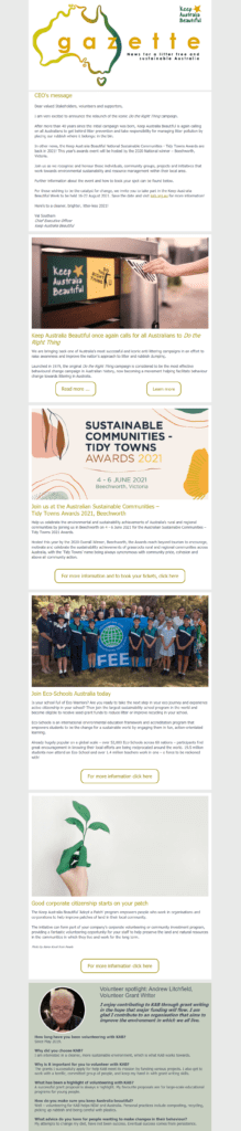Nonprofit email newsletter example from Keep Australia Beautiful