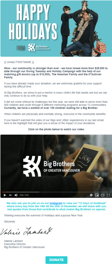 Email marketing campaign example from nonprofit Big Brothers for their holiday fundraising appeal