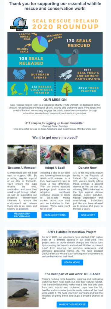 Nonprofit welcome email example from Seal Rescue Ireland