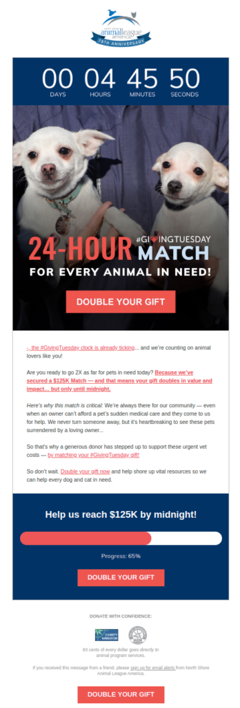 Giving Tuesday match funding campaign by North Shore Animal League