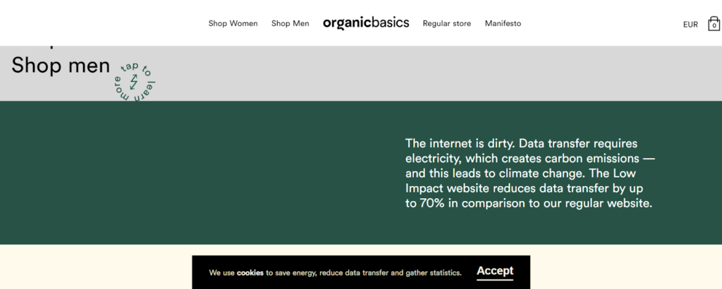 Screenshot of Organic Basics' website, highlighting their efforts to make their site eco-friendly.
