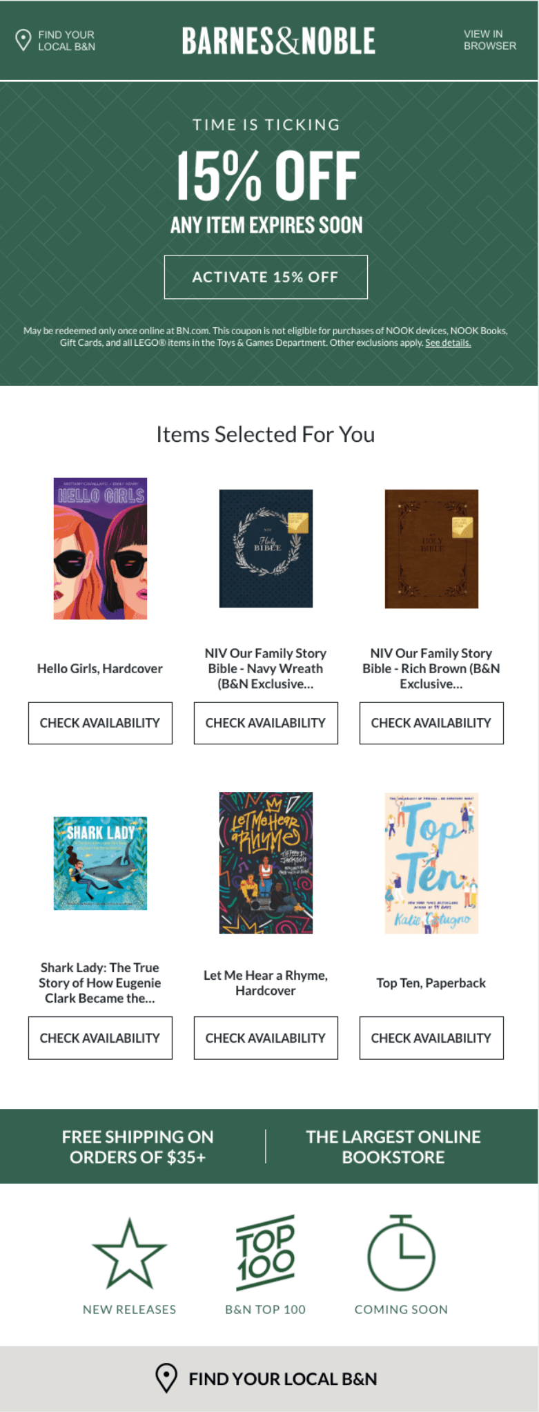 Email newsletter from Barnes and Noble featuring personalized product recommendations.