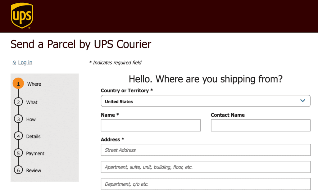 Screenshot of UPS 'Send a Parcel by UPS Courier' form