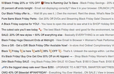 Screenshot of an inbox showing Black Friday emails and their subject lines