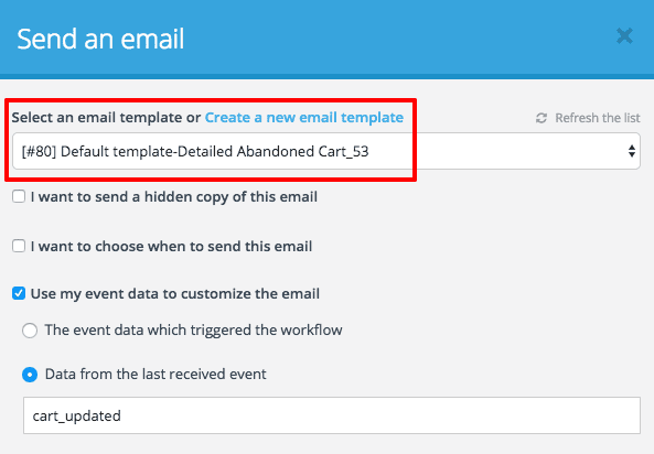 Screenshot of selecting the abandoned cart email template in Sendinblue