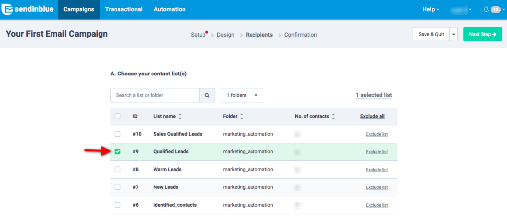 select a contact list for your email campaign