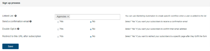 Signup process options in the Sendinblue WordPress form builder