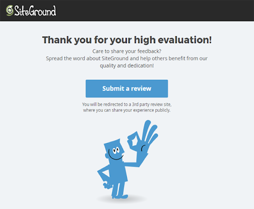 Example of an automated review request by company SiteGround