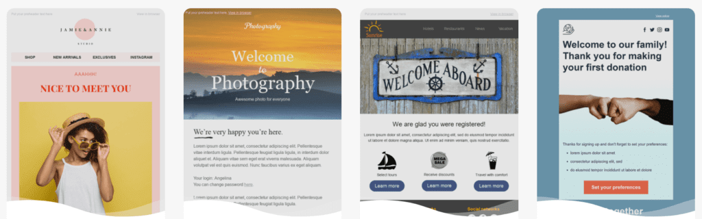 Examples of welcome email templates available in Stripo