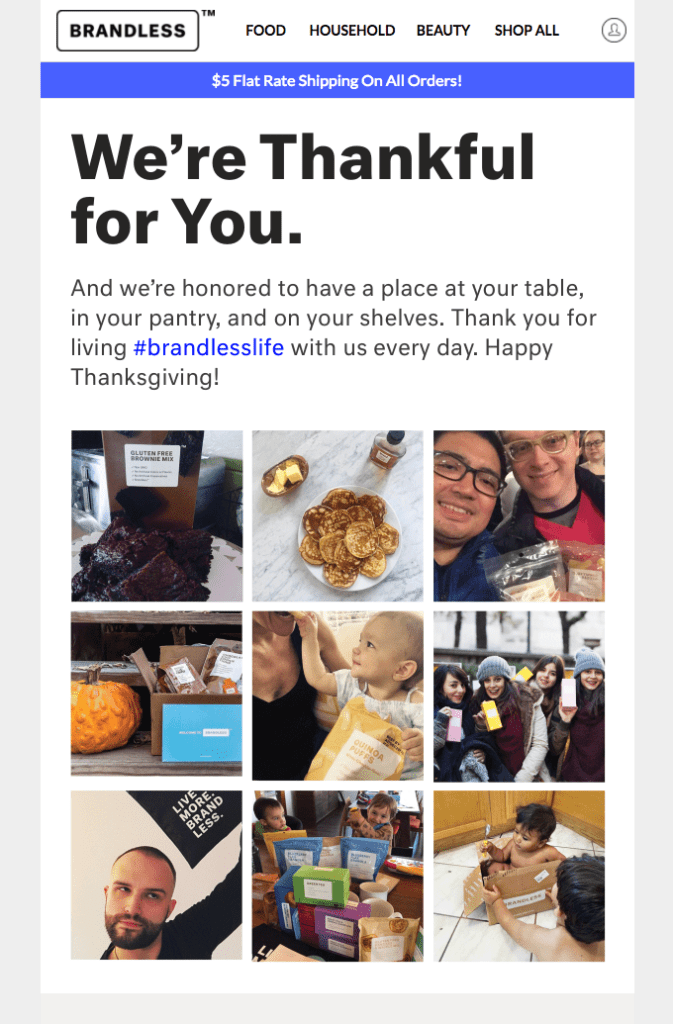 Thanksgiving newsletter by Brandless that says thank you to customers
