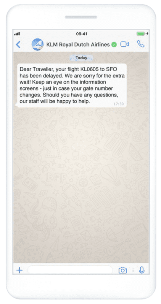 Screenshot of a WhatsApp marketing message informing a customer that they're flight has been delayed.
