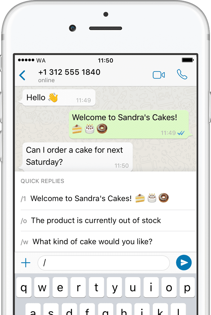 Screenshot from WhatsApp Business app showing quick reply feature.