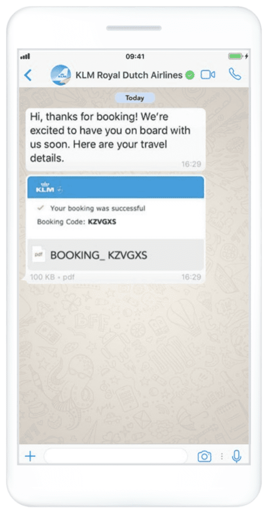 Screenshot of a WhatsApp marketing message from KLM providing a customer's booking reference.
