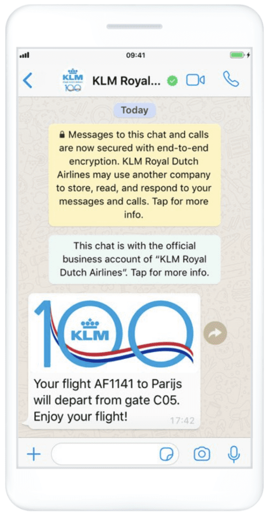 Screenshot of a WhatsApp marketing message from KLM  notifying a customer of their departure gate.