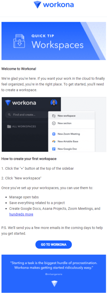 Introductory welcome email by Workona for onboarding new customers