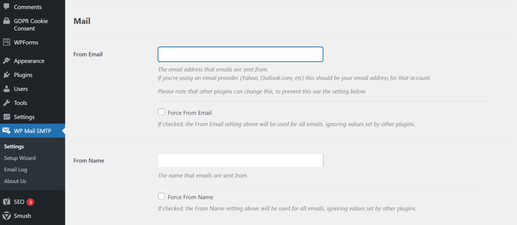 View of WP Mail SMTP settings in WordPress