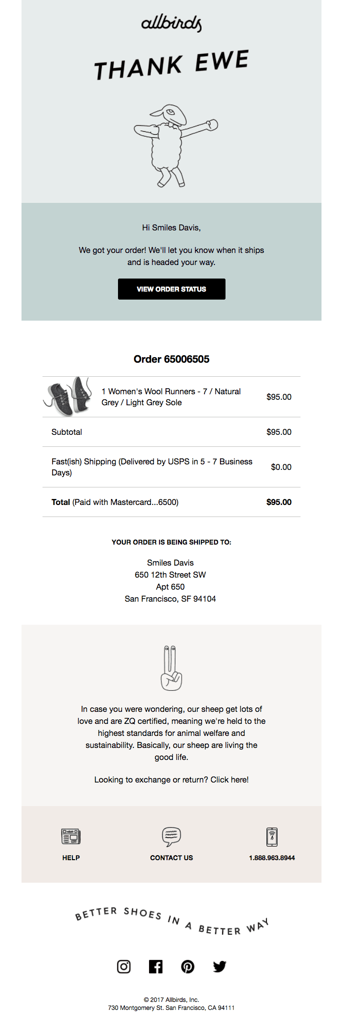 order confirmation example by allbirds