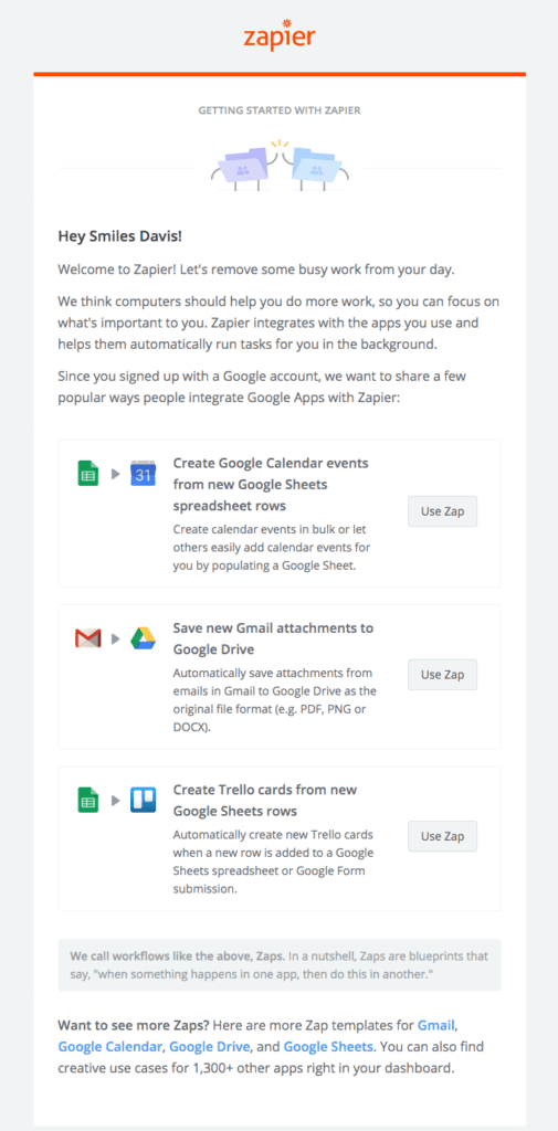 Example of a welcome email with personalized content by Zapier